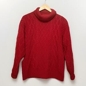 Evan Picone Turtleneck Sweater Womens Sz L Red Cable Knit 90s Classic Cozy VTG